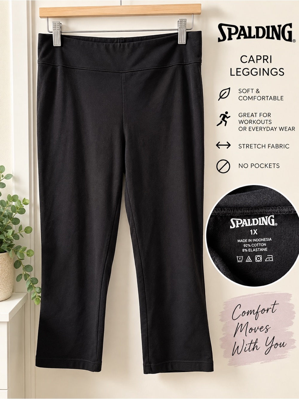 Spalding Black Capri Leggings Size 1X | Cotton Stretch | No Pockets